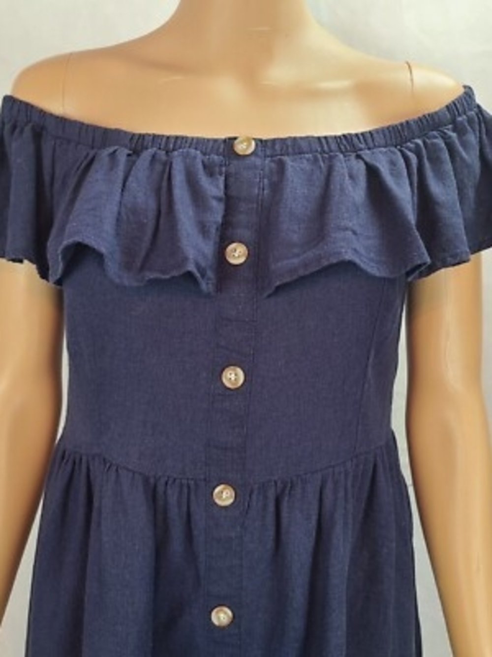 Monteau Navy Off-Shoulder Ruffle Button Romper